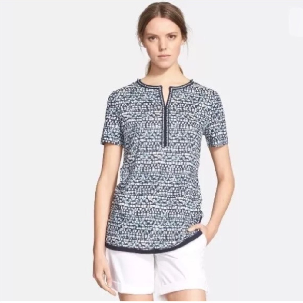 Tory Burch Navy and White Mosaic Print Beaded Geometric Blouse
